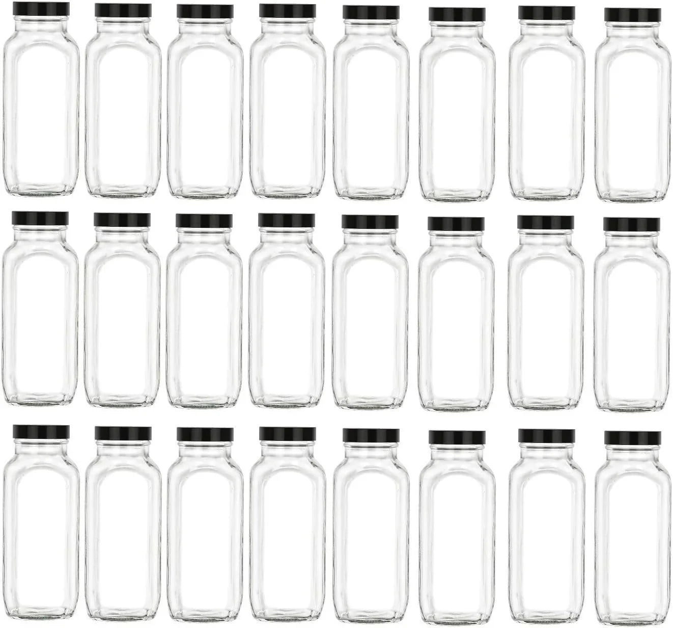 24 Pcs 16 Oz Glass French Sizequare Bottle Sizeet With Black Lids - Wide Mouth With BPA , Airtight, Leak Proof Lids For Fruit Juices, Kombucha, Dressings (Black, 24)
