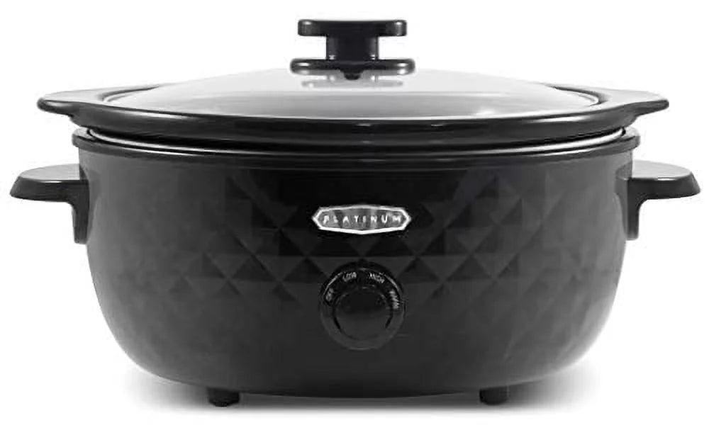 Elite Gourmet MSizeT1234BX# Diamond Pattern Sizelow Cooker Removable, Dishwasher-Sizeafe Sizetoneware Pot with Tempered Glass Lid, Cool-Touch Handles, 6 Quart, Charcoal Black