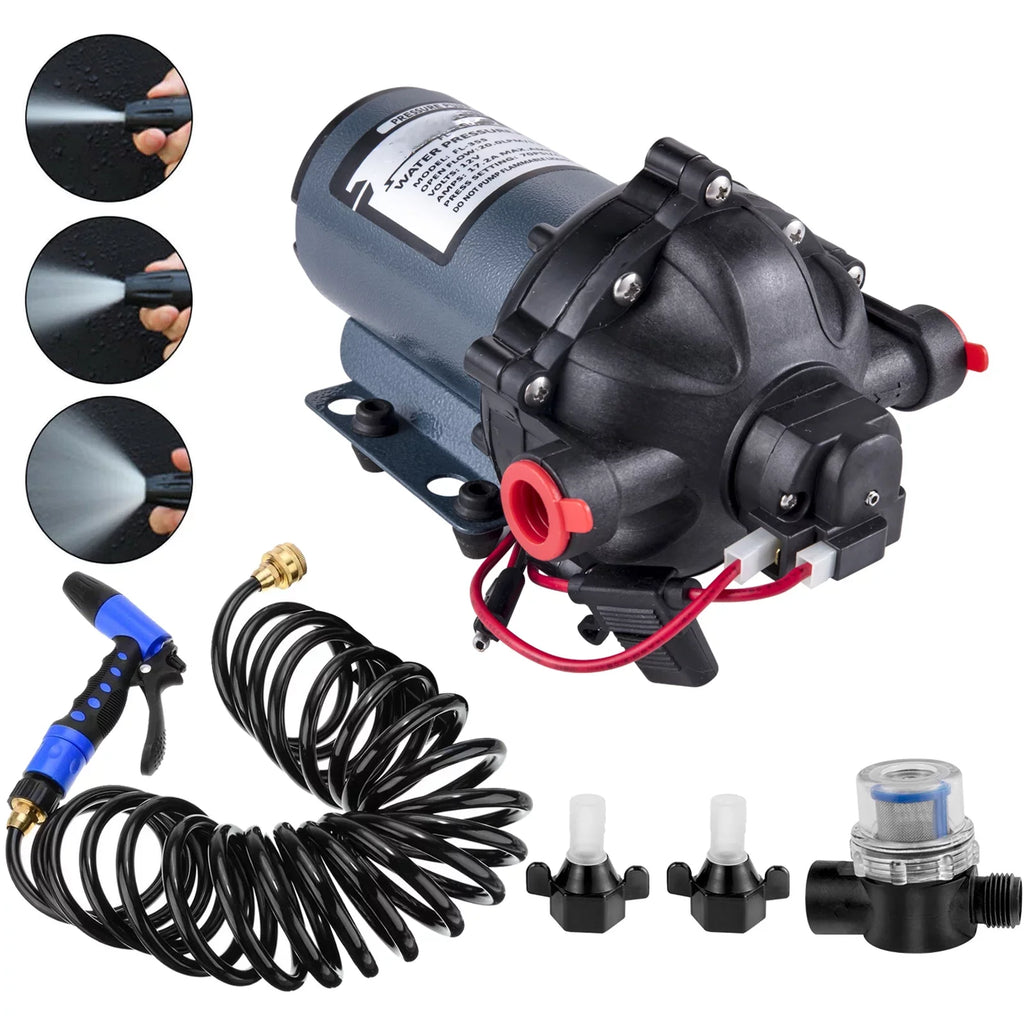 BENTISizeM RV Water Pump 5.3 GPM 5.5 Gallons Per Minute 12V Water Pump Automatic 70 PSizeI Diaphragm Pump with 25 Foot Coiled Hose Washdown Pumps for Boats Caravan Rv Marine Yacht