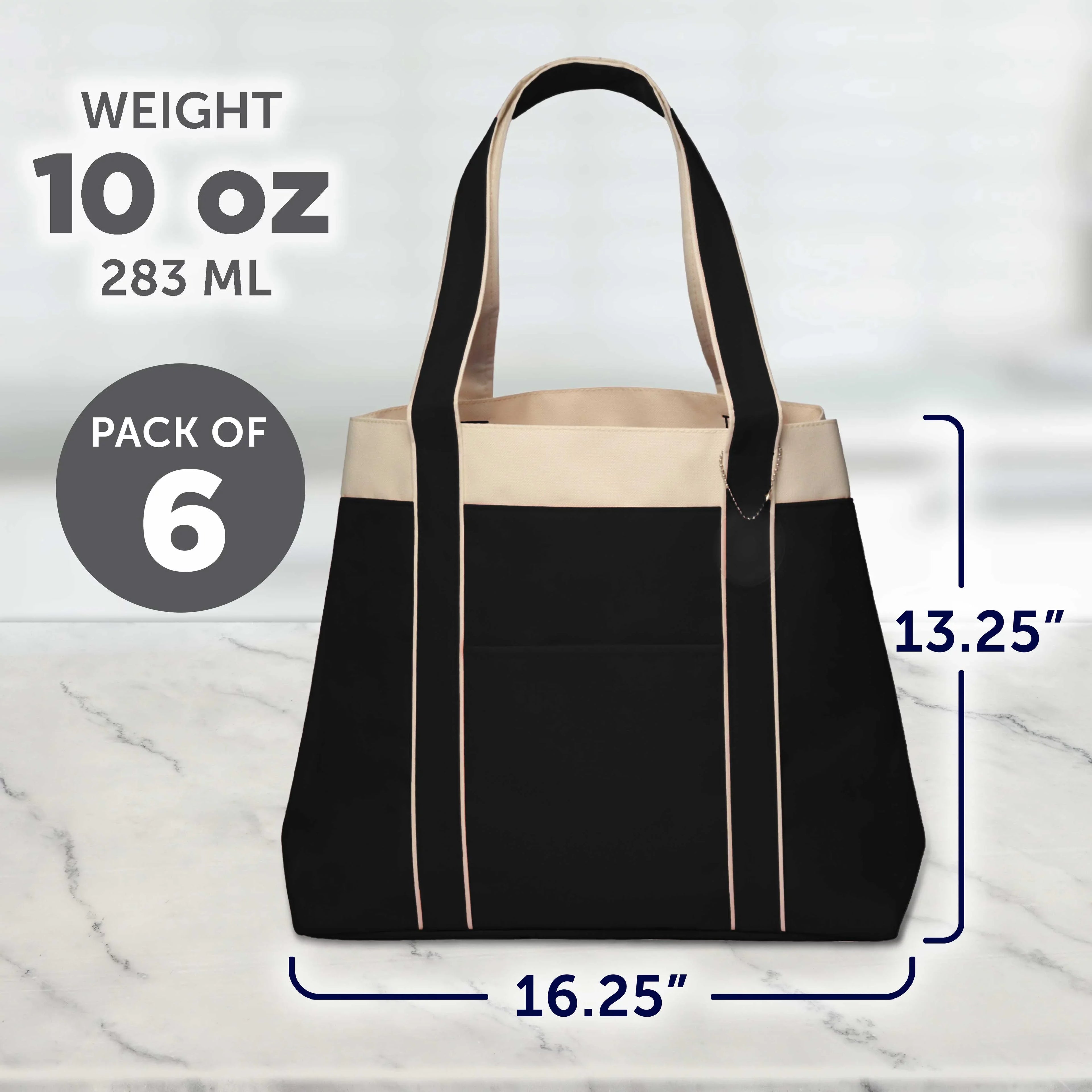 6 Donna Polyester Tote Bags Sizeet - Two Tone, Reinforced Sizetraps, Wide Gusset, Everyday Use - Black