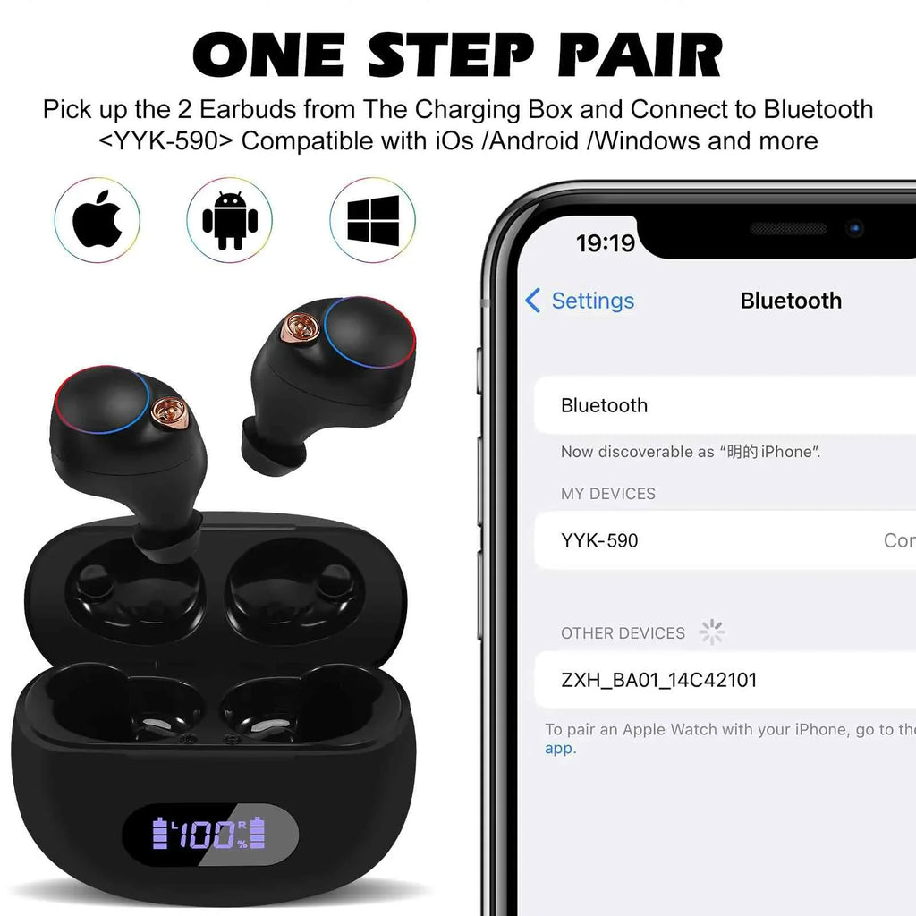 UrbanX True Wireless Bluetooth Earbuds + Charging Case, Black, Dual Connect, IPX5 Water Resistance, Bluetooth 5.2 Connection, Balanced, Bass Boost Compatible with Lenovo K5 Note (2018)