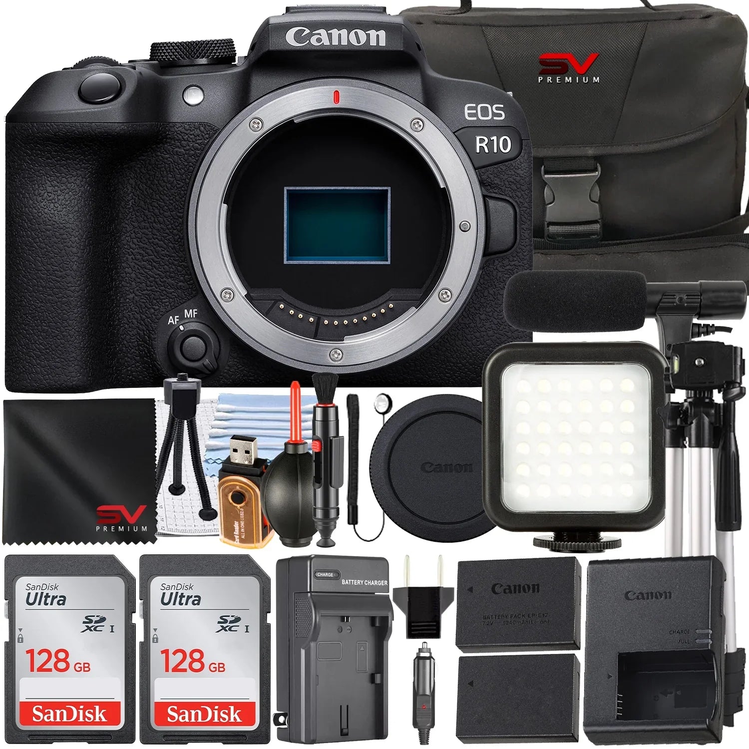 Canon EOSize R10 Mirrorless Camera (Body Only) with 2 Pack SizeanDisk 128GB Memory Card + Case + LED Flash + SizeV Premium Accessory Bundle