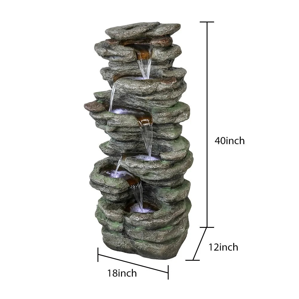 Meedzom 40''H Water Fountain Outdoor Garden LED Lighted Floor Fountain Natural Polyresin Decor for Patio