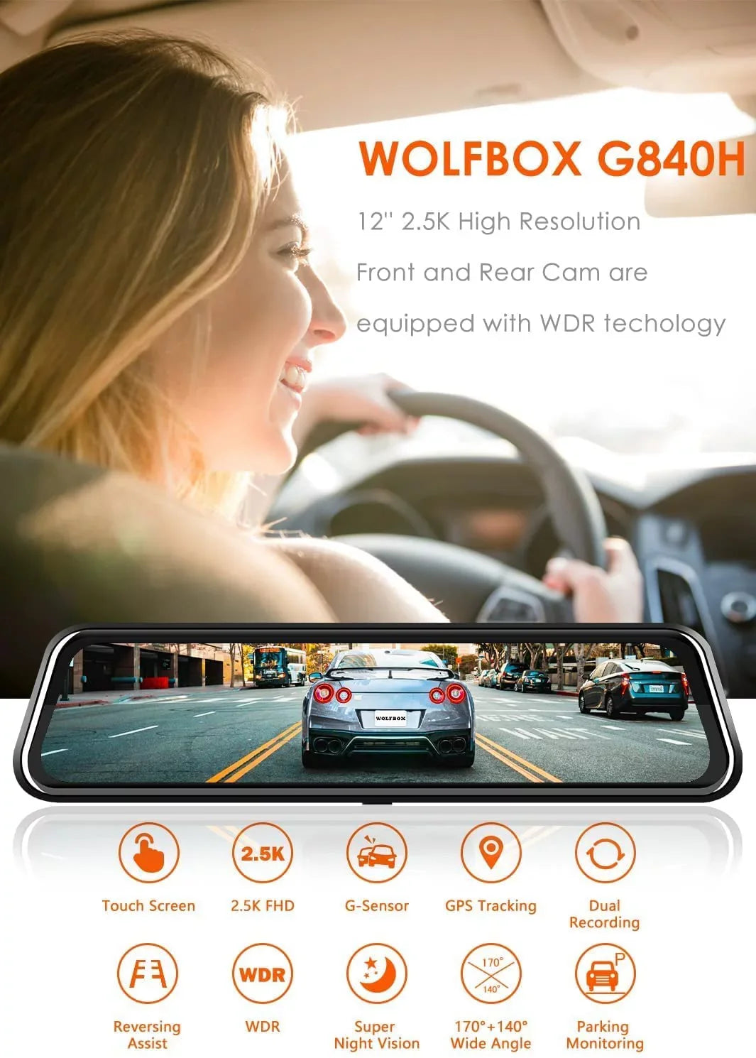 WOLFBOX Rear View Mirror Camera, 2.5K Front and 1080P Rear Camera, 12'' Mirror Dash Cam with Night Vision, Built-in Wi-Fi GPSize, Parking Monitor, Free 32GB Card