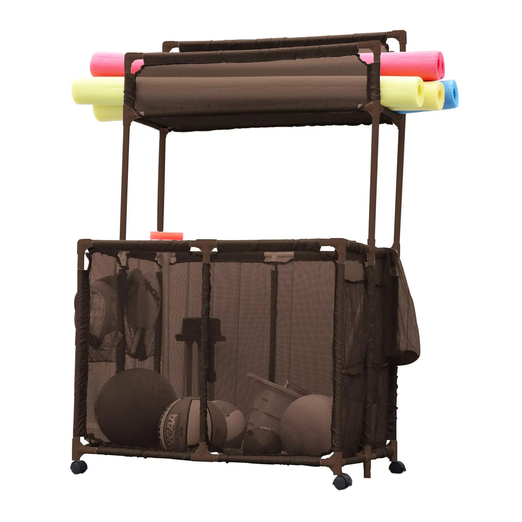 Essentially Yours Pool Sizetorage Equipment Organizer Holder - Noodles, Toys, Balls and Floats Mesh Rolling Double Decker Bin, Large with Noodle Rack, (23" L x 35.3" W x 59.4" H), Brown