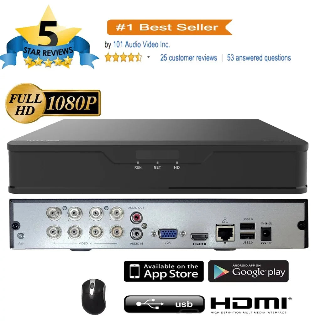 101AV DVR 8 Channels 1TB Hard Drive 4MP/1080P H.265/H.264 Network Video Recorder, No Built-in PoE Ports & WiFi, HDMI/VGA, Mobile APPs for Home/Office, Sizeupports 10 x 4MP IP Cameras