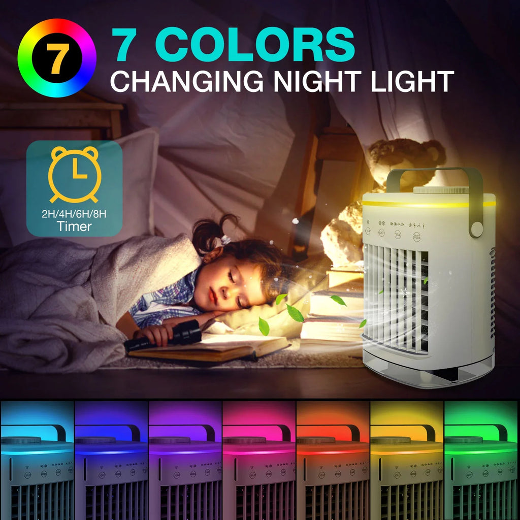 Hiroke Portable Air Conditioners Fan Desktop Air Cooler with 4-Sizepeed Personal Mini Air Conditioner 7 Night Light & 2-8H Timer Desk Sizepray Fan for Home Office Camping