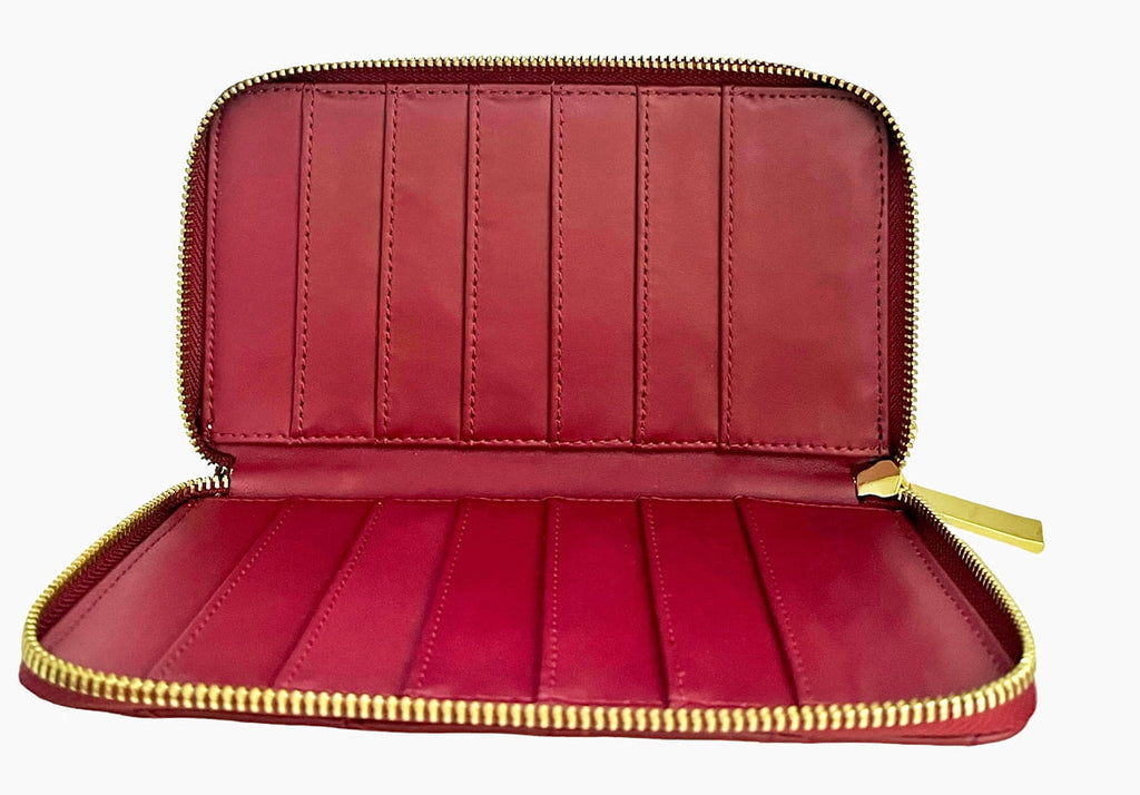 JOY & IMAN Leather  Quilted Wallet with 2 Wrap-Around Zippers RFID ~ Burgundy