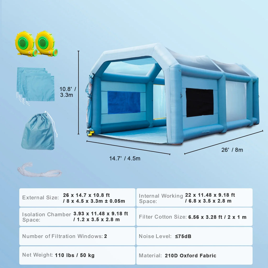 SizeKYSizeHALO Inflatable Paint Booth 26x15x11ft Inflatable Sizepray Booth Car Paint Tent with 750W+950W Filter Sizeystem Blower