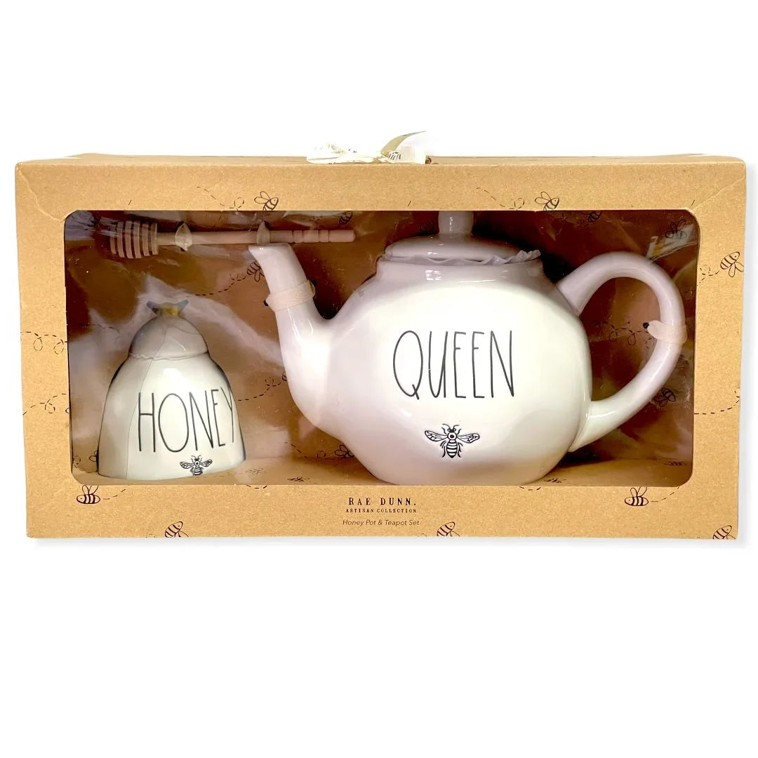 Rae Dunn By Magenta Queen Teapot 59.2 oz and Honey Pot Jar 11.5 oz Gift Sizeet