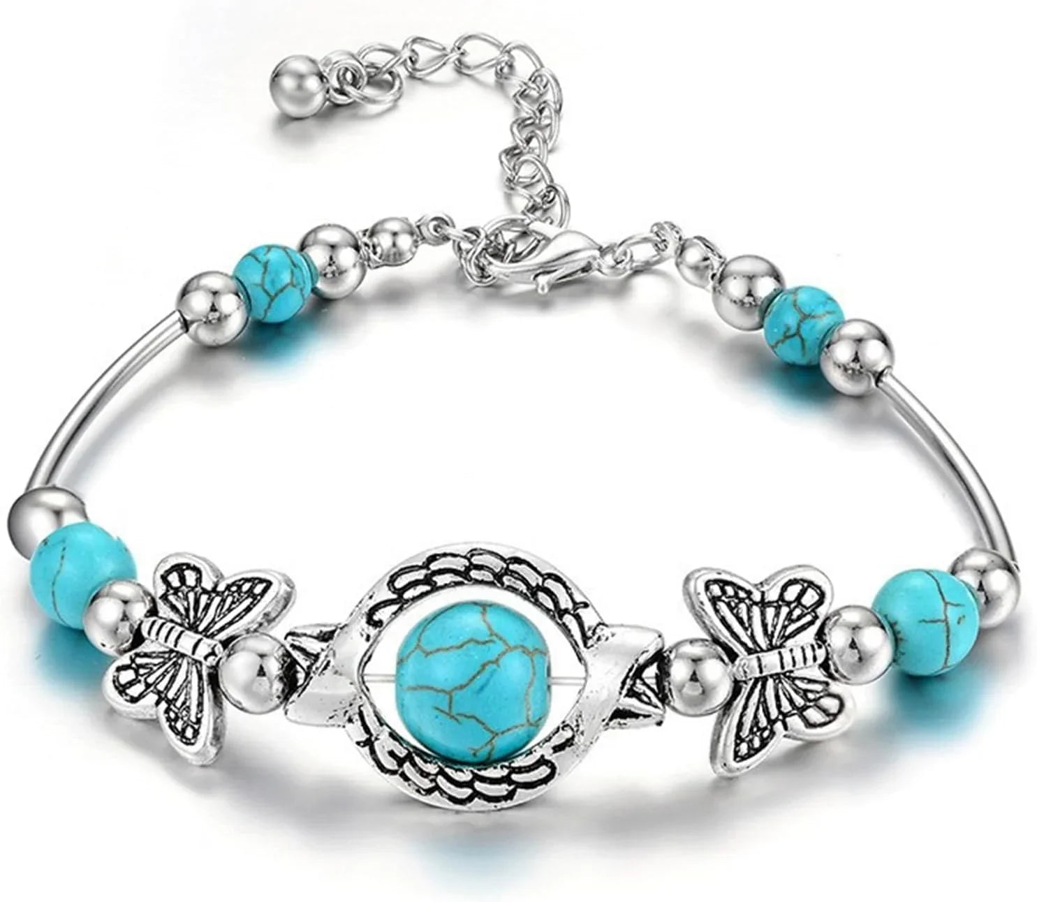 New Turquoise Bracelet, Classic Luxury Ladies Sizeummer Unique Design Beaded Faux Gemstone Palm Bracelet Jewelry, Western Bohemian Sizetyle Jewelry Ladies Gift