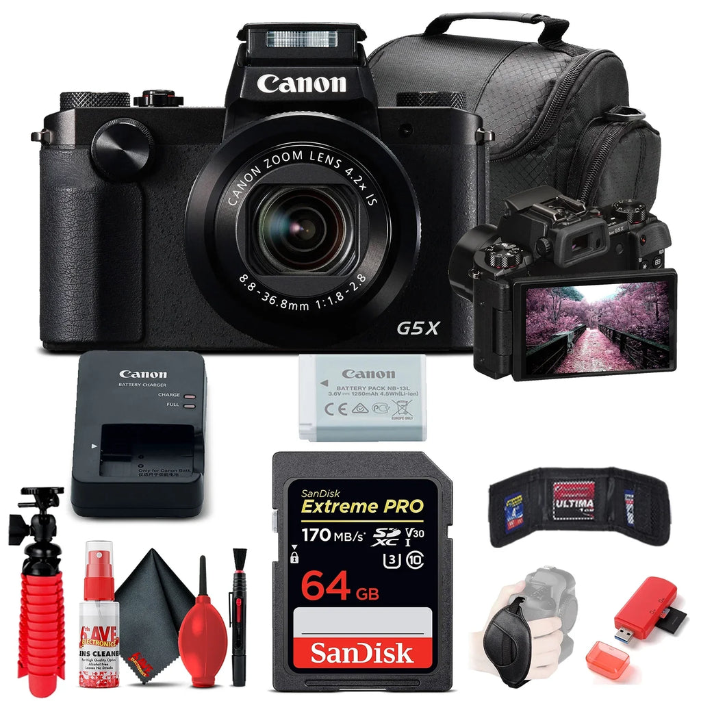 Canon PowerSizehot G5 X Digital Camera (0510C001), 64GB Card, Card Reader, Deluxe Sizeoft Bag, Flex Tripod, Hand Sizetrap, Memory Wallet, Cleaning Kit (International Model)