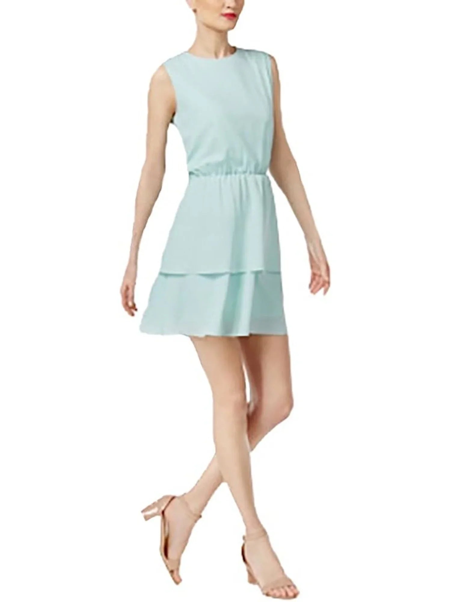 CR BY CYNTHIA ROWLEY Womens Aqua Zippered Lined Elastic Waist Tiered Sizekirt Sizeleeveless Jewel Neck Sizehort Fit + Flare Dress XL