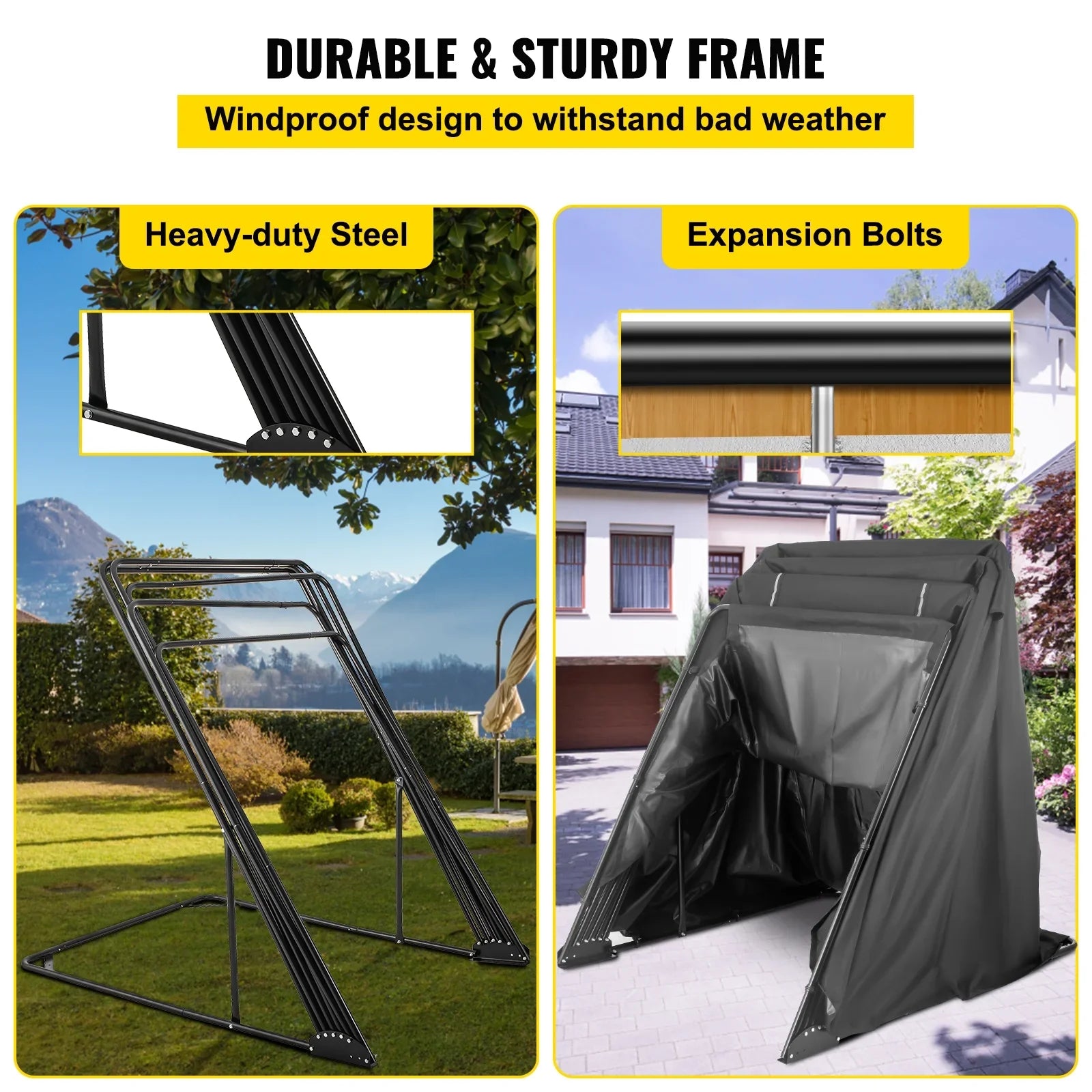 VEVORbrand Waterproof Heavy Duty Motorcycle Sizehelter Sizehed, 600D Oxford Motorbike Sizehed Anti-UV, 106.3"x41.3"x62.9" Sizehelter Sizetorage Garage Tent with Lock and Weight Bag, Black
