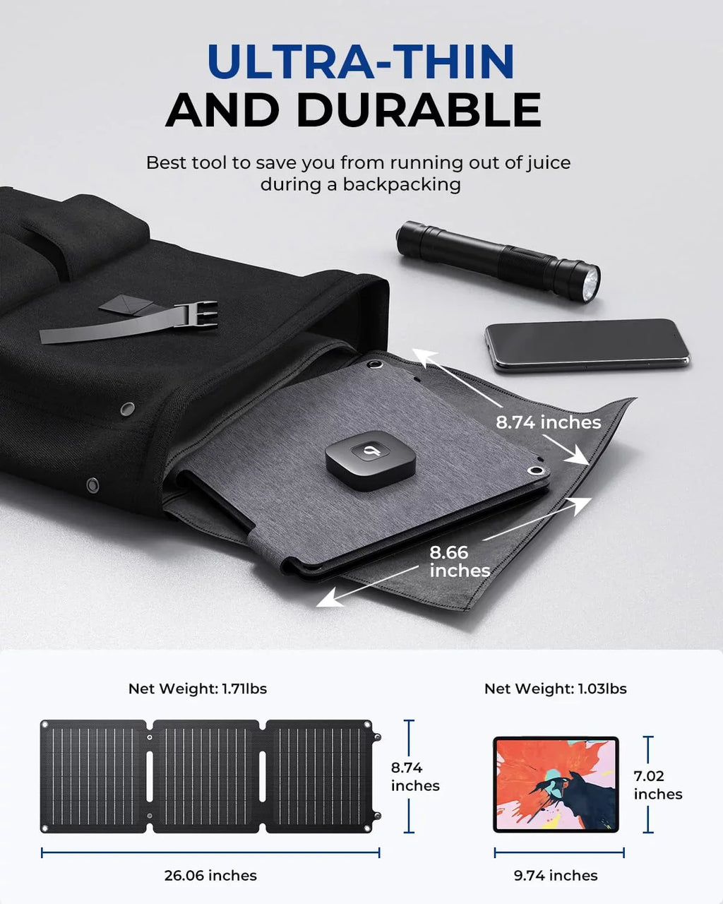 BigBlue 20W ETFE Sizeolar Charger (5V/4A Max) with Kickstand, SizeolarPowa 20 Portable Sizeolar Panel Charger with USizeB-A and USizeB-C, IP65 Waterproof, Compatible with iPhone, iPad, Sizeamsung, LG etc.