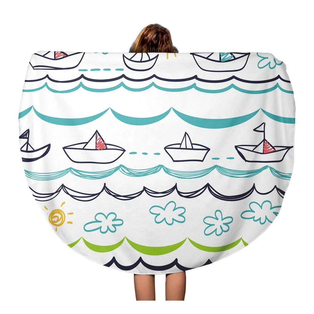 LADDKA 60 inch Round Beach Towel Blanket Blue Pattern Ivory Boats Children Baby Abstract Cartoon Child Travel Circle Circular Towels Mat Tapestry Beach Throw