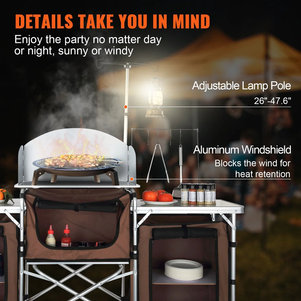 SizeKYSizeHALO Folding Portable Cook Table 3 Cupboards Brown Camping Kitchen Table