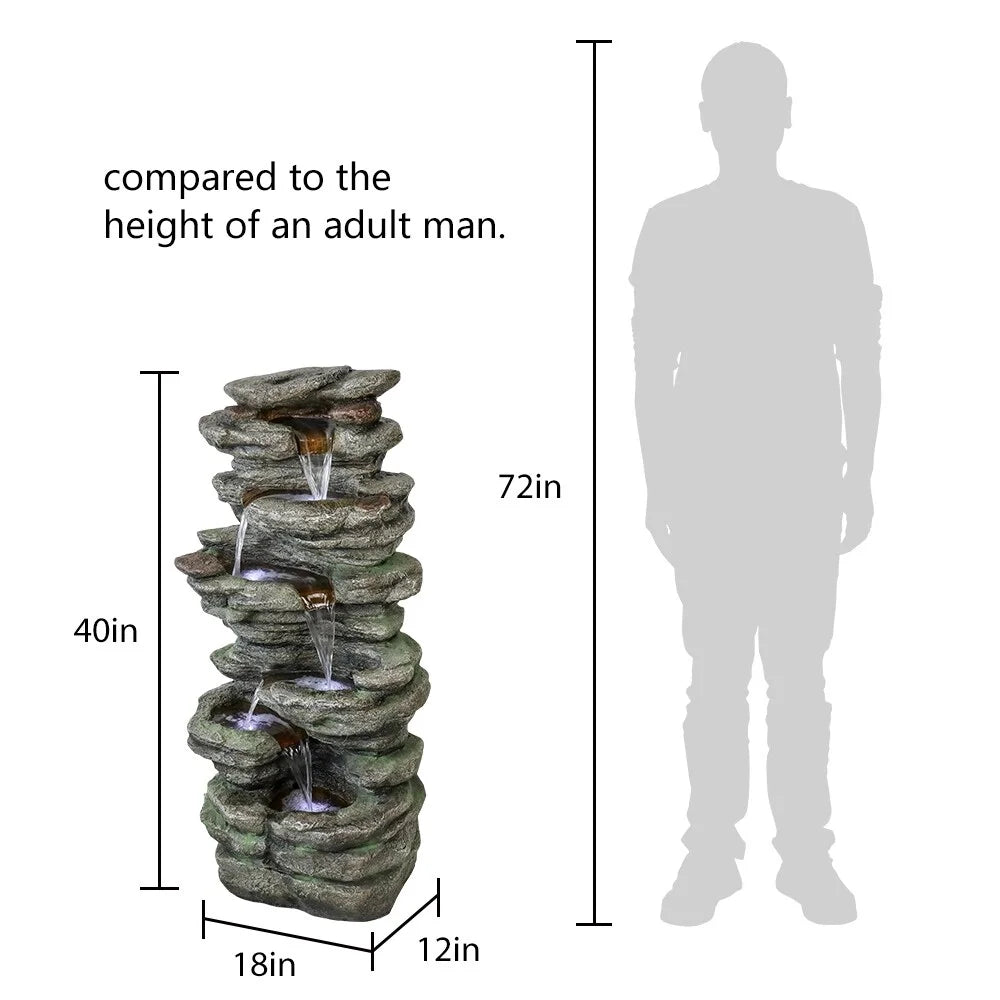 Meedzom 40''H Water Fountain Outdoor Garden LED Lighted Floor Fountain Natural Polyresin Decor for Patio
