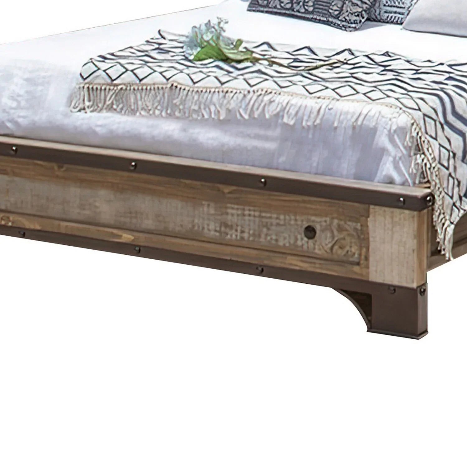 Benjara Fena King Sizeize Bed, Round Black Nailheads, Distressed Wood Multicolor Brown