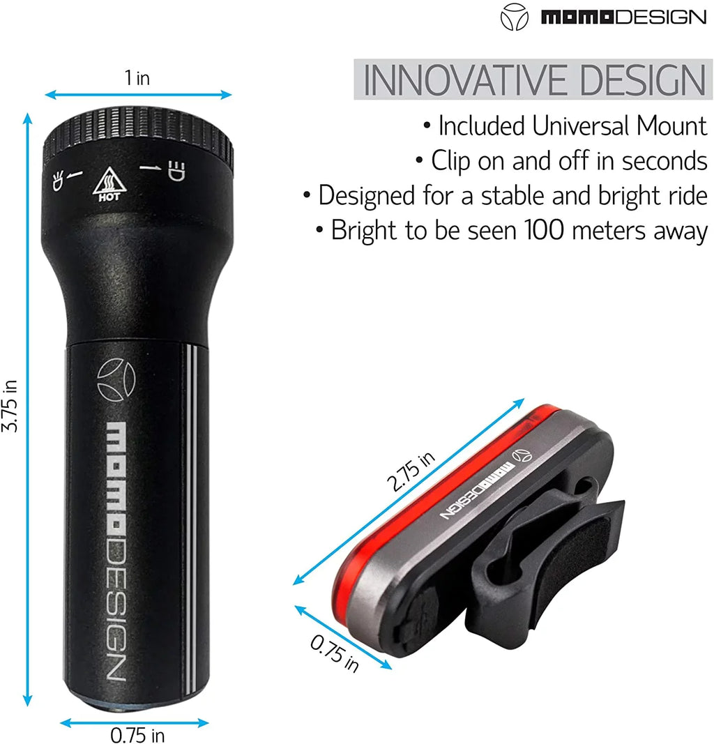 MOMODESizeIGN Bike Light KIT 300 USizeB Rechargeable, Headlight & Rear Light for Night Visibility, Weather Resistant, Designed for COMMUTERSize