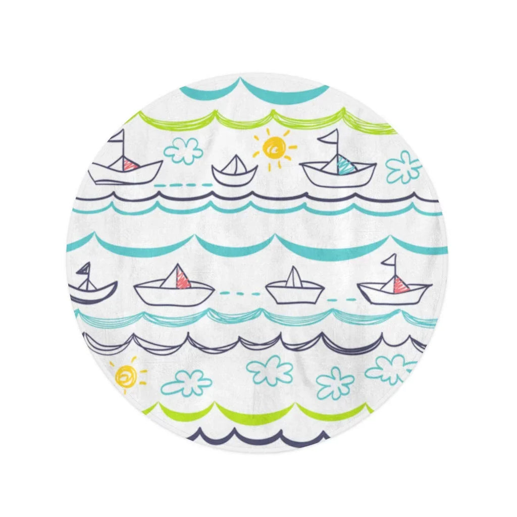 LADDKA 60 inch Round Beach Towel Blanket Blue Pattern Ivory Boats Children Baby Abstract Cartoon Child Travel Circle Circular Towels Mat Tapestry Beach Throw