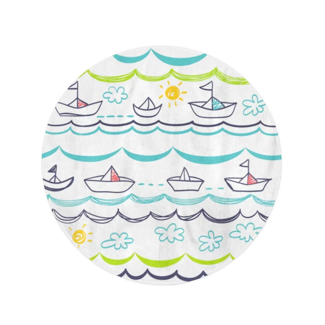 LADDKA 60 inch Round Beach Towel Blanket Blue Pattern Ivory Boats Children Baby Abstract Cartoon Child Travel Circle Circular Towels Mat Tapestry Beach Throw
