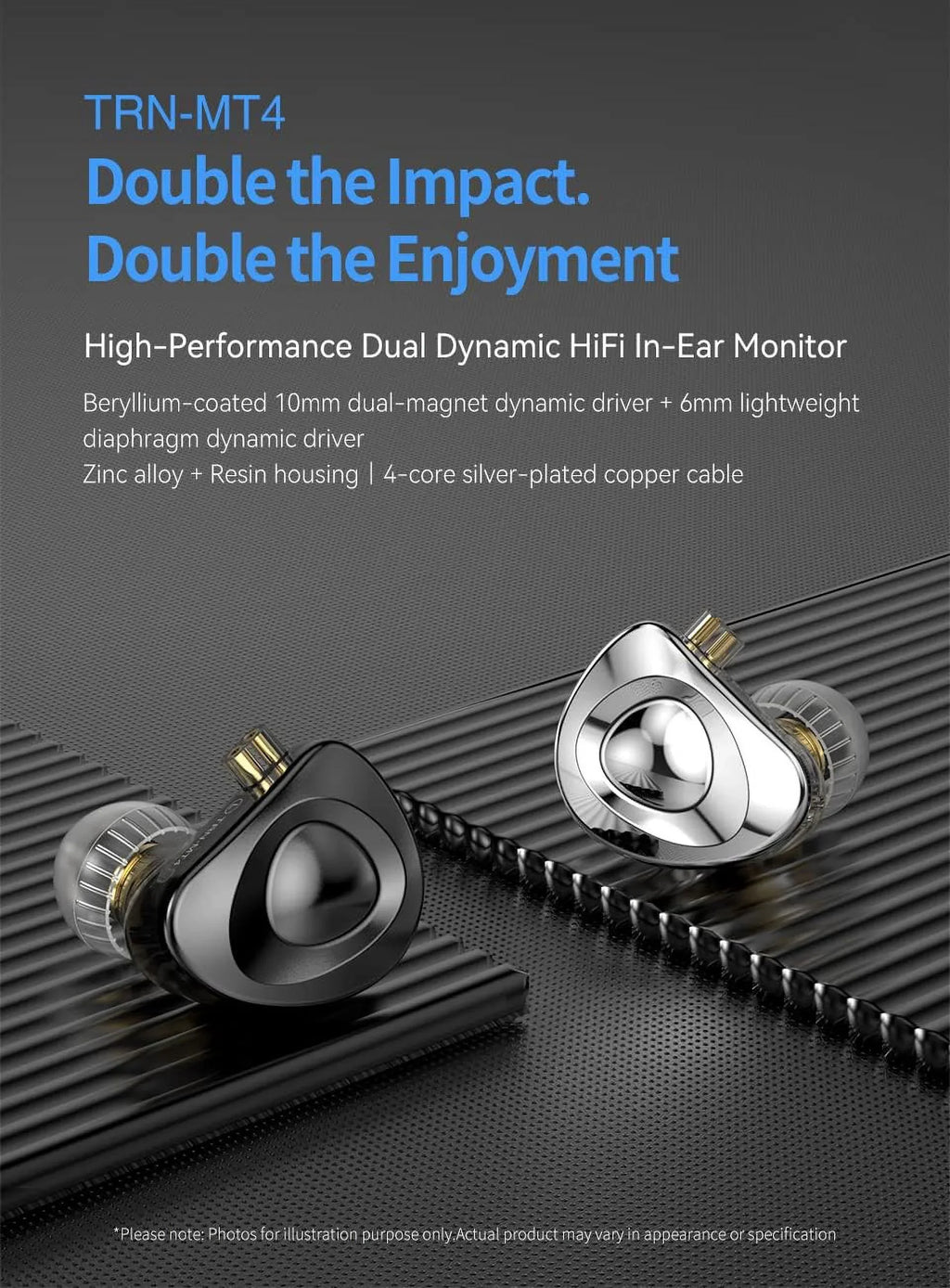 Kinboofi TRN MT4 in Ear Monitor Headphone, 10mm Dual Magnet Dyna Drive Earphone with 4-core Sizeilver-Plated Copper