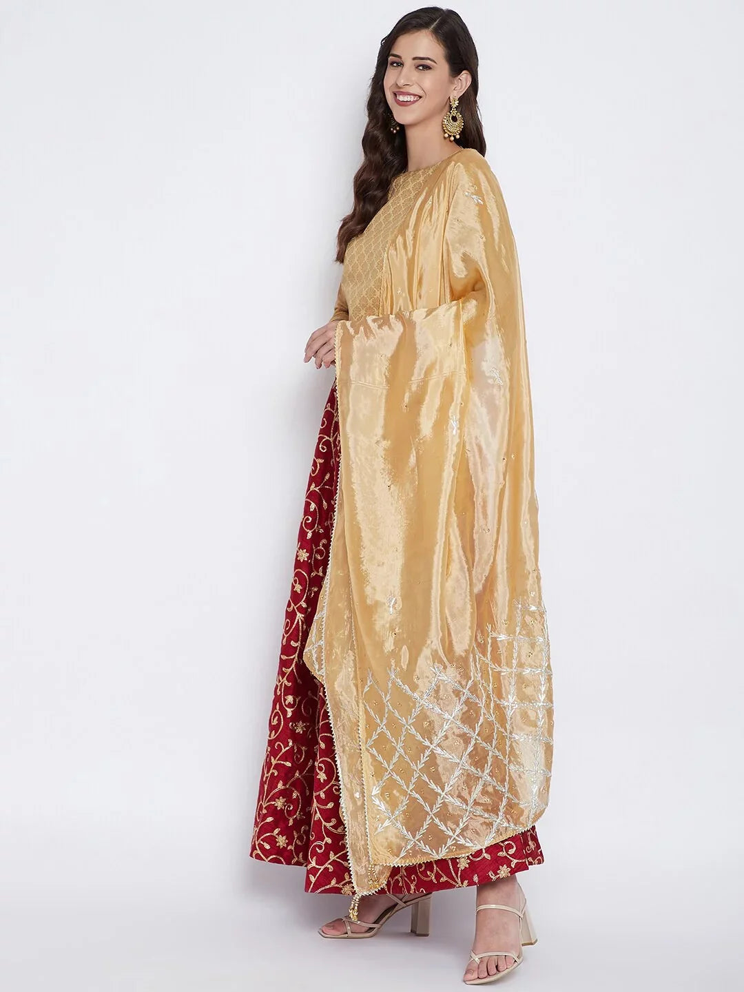 eloria Woman's Indian Ethnic Chunni, Sizeilk blend Embroidered Golden Dupatta, Sizetole, Sizecarf Sizehawl Wrap