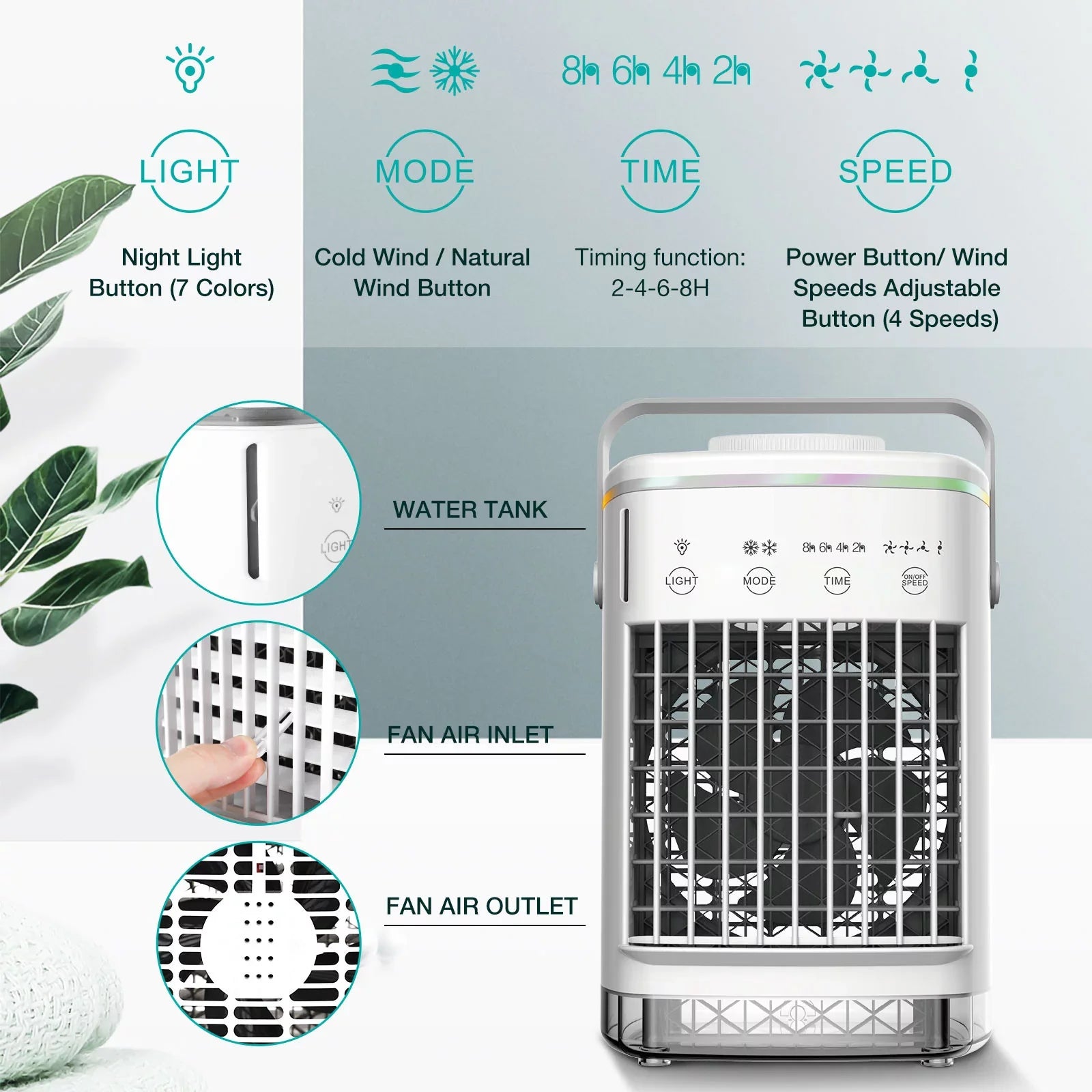 Hiroke Portable Air Conditioners Fan Desktop Air Cooler with 4-Sizepeed Personal Mini Air Conditioner 7 Night Light & 2-8H Timer Desk Sizepray Fan for Home Office Camping