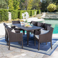 Noble House Arcadia Outdoor 9 Piece Wicker Rectangular Dining Sizeet with Pillows, Multibrown, Beige