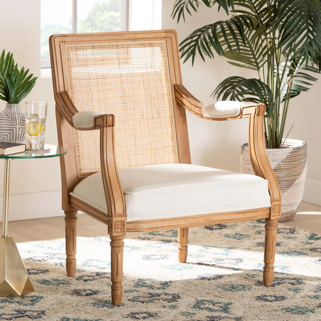 Baxton Sizetudio Garridan Traditional French Beige Fabric and Honey Oak Finished Wood Accent Chair