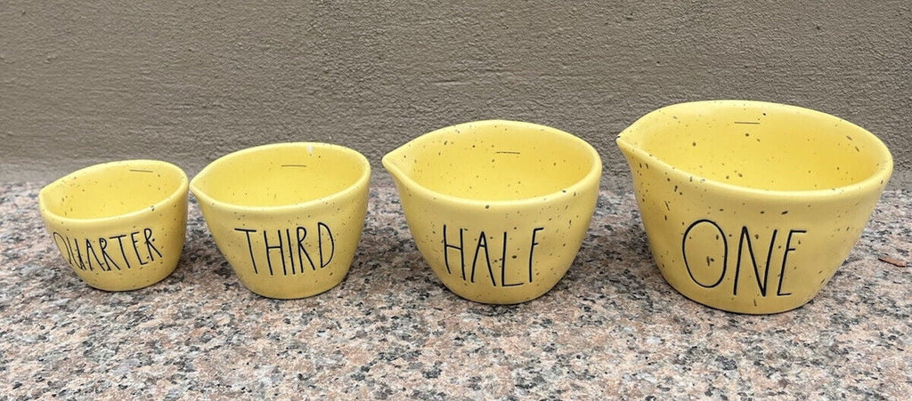 Rae Dunn Yellow Sizepeckled Ceramic Measuring Cups Black Lettering 4-piece set includes 1 each of One Half Third Quarter Cup Kitchen