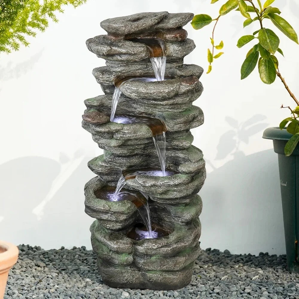 Meedzom 40''H Water Fountain Outdoor Garden LED Lighted Floor Fountain Natural Polyresin Decor for Patio