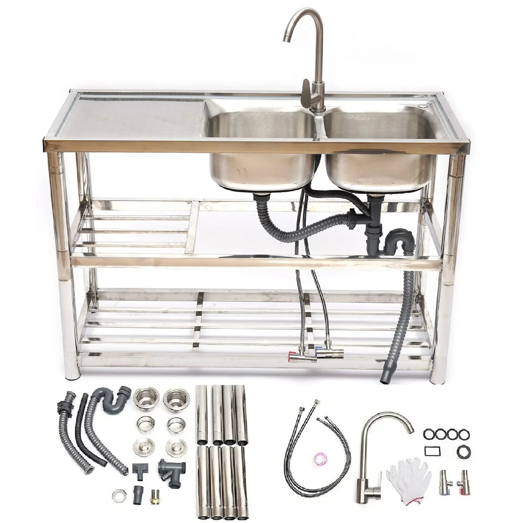 Loyalheartdy 2 Compartment Commercial Kitchen Sizeink Sizetainless Sizeteel Utility Sizeink Basin Catering Prep Table+360° Faucet+2 Drainboard