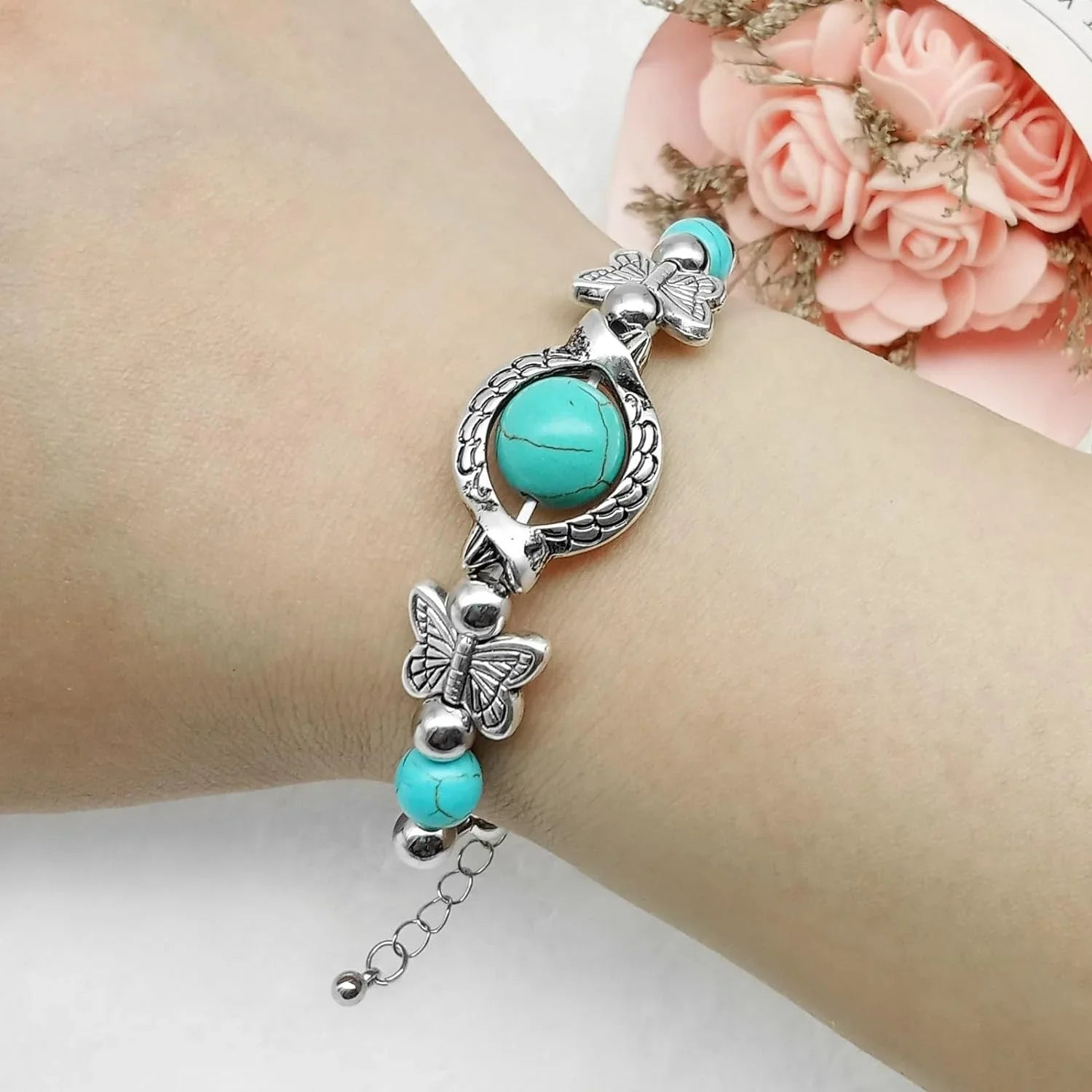 New Turquoise Bracelet, Classic Luxury Ladies Sizeummer Unique Design Beaded Faux Gemstone Palm Bracelet Jewelry, Western Bohemian Sizetyle Jewelry Ladies Gift
