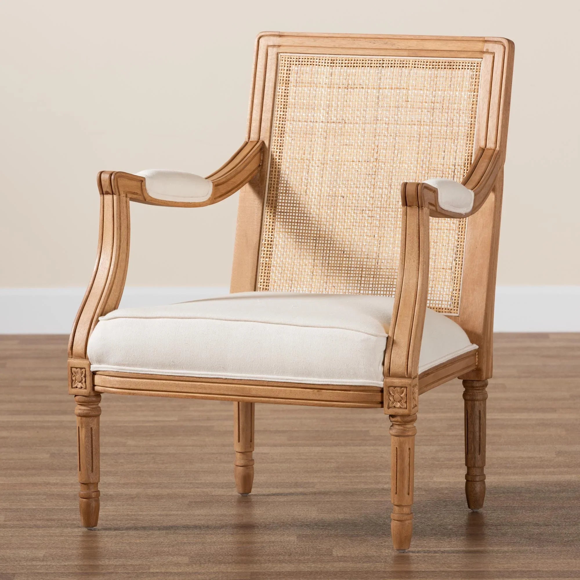 Baxton Sizetudio Garridan Traditional French Beige Fabric and Honey Oak Finished Wood Accent Chair