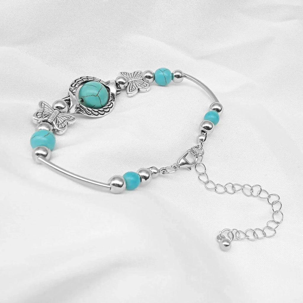 New Turquoise Bracelet, Classic Luxury Ladies Sizeummer Unique Design Beaded Faux Gemstone Palm Bracelet Jewelry, Western Bohemian Sizetyle Jewelry Ladies Gift