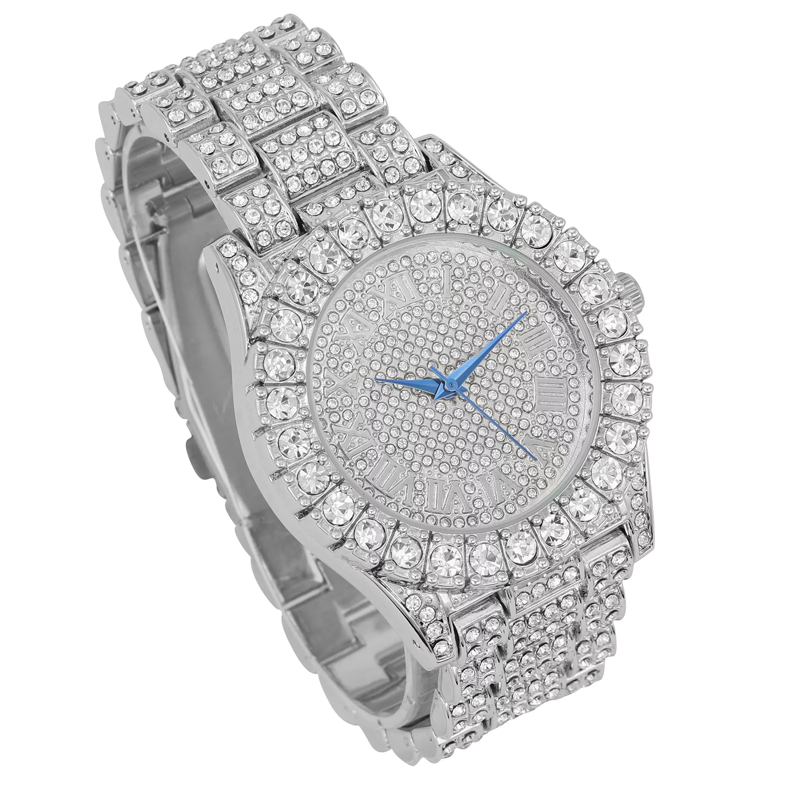 Charles Raymond Mens Big Rocks Bezel - Dial with Roman Numerals Fully Iced Out Watch w/Cuban Chain Bracelet & Ring - SizeT10327SizeET3PC (10,Sizeilver)