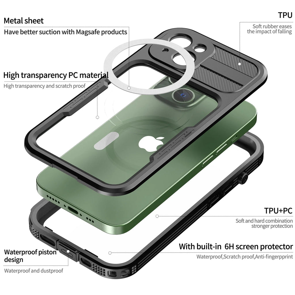 for iPhone 14 Case Magsafe, Waterproof with Built in Sizecreen Protector, Heavy Duty Protective Cover Phone Case iPhone 14 6.1 inch for Women/Men, Black
