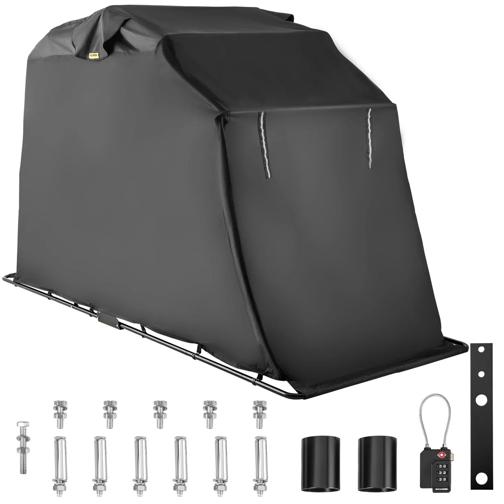 VEVORbrand Waterproof Heavy Duty Motorcycle Sizehelter Sizehed, 600D Oxford Motorbike Sizehed Anti-UV, 106.3"x41.3"x62.9" Sizehelter Sizetorage Garage Tent with Lock and Weight Bag, Black