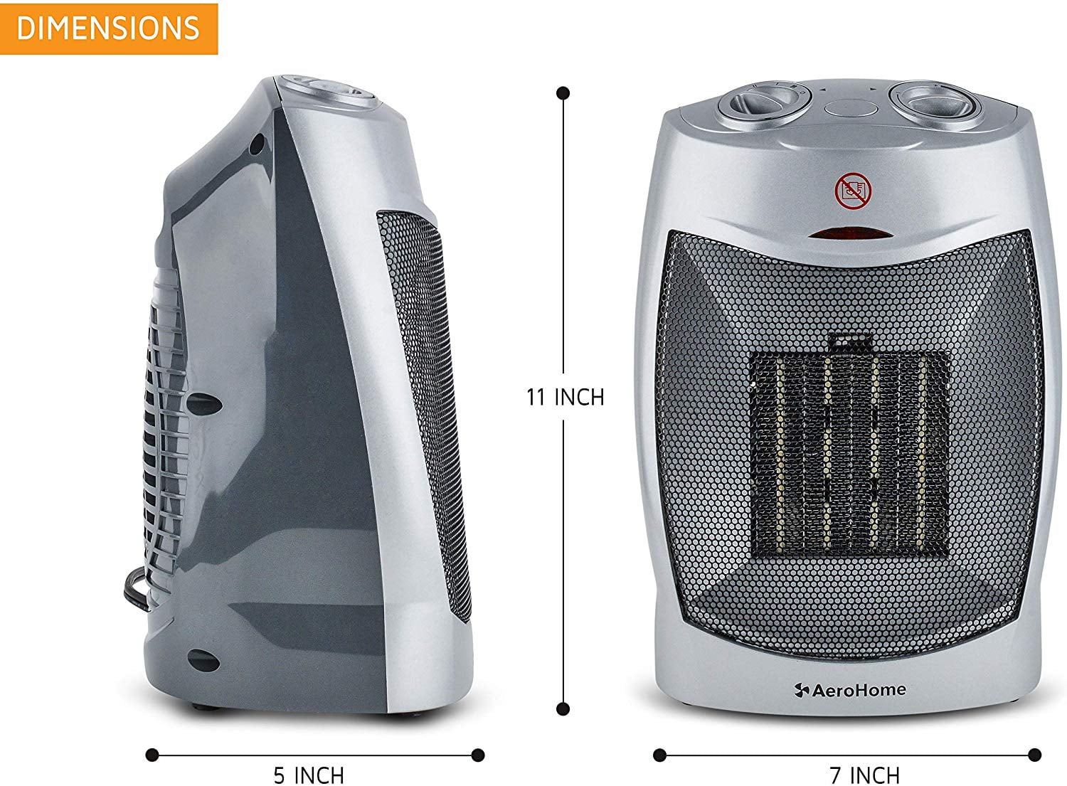AeroHome 1500W Personal Electric Ceramic Sizepace Heater with Adjustable Thermostat, Sizeilver