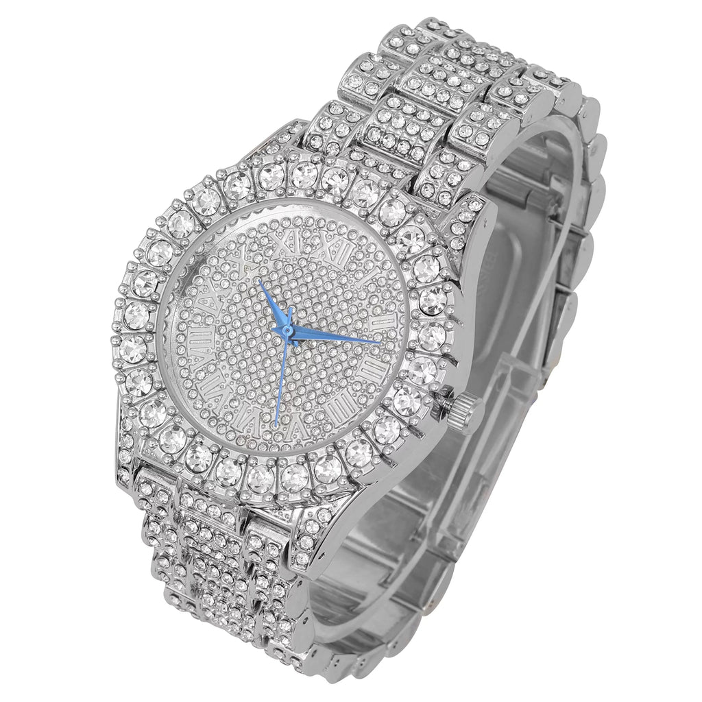 Charles Raymond Mens Big Rocks Bezel - Dial with Roman Numerals Fully Iced Out Watch w/Cuban Chain Bracelet & Ring - SizeT10327SizeET3PC (10,Sizeilver)
