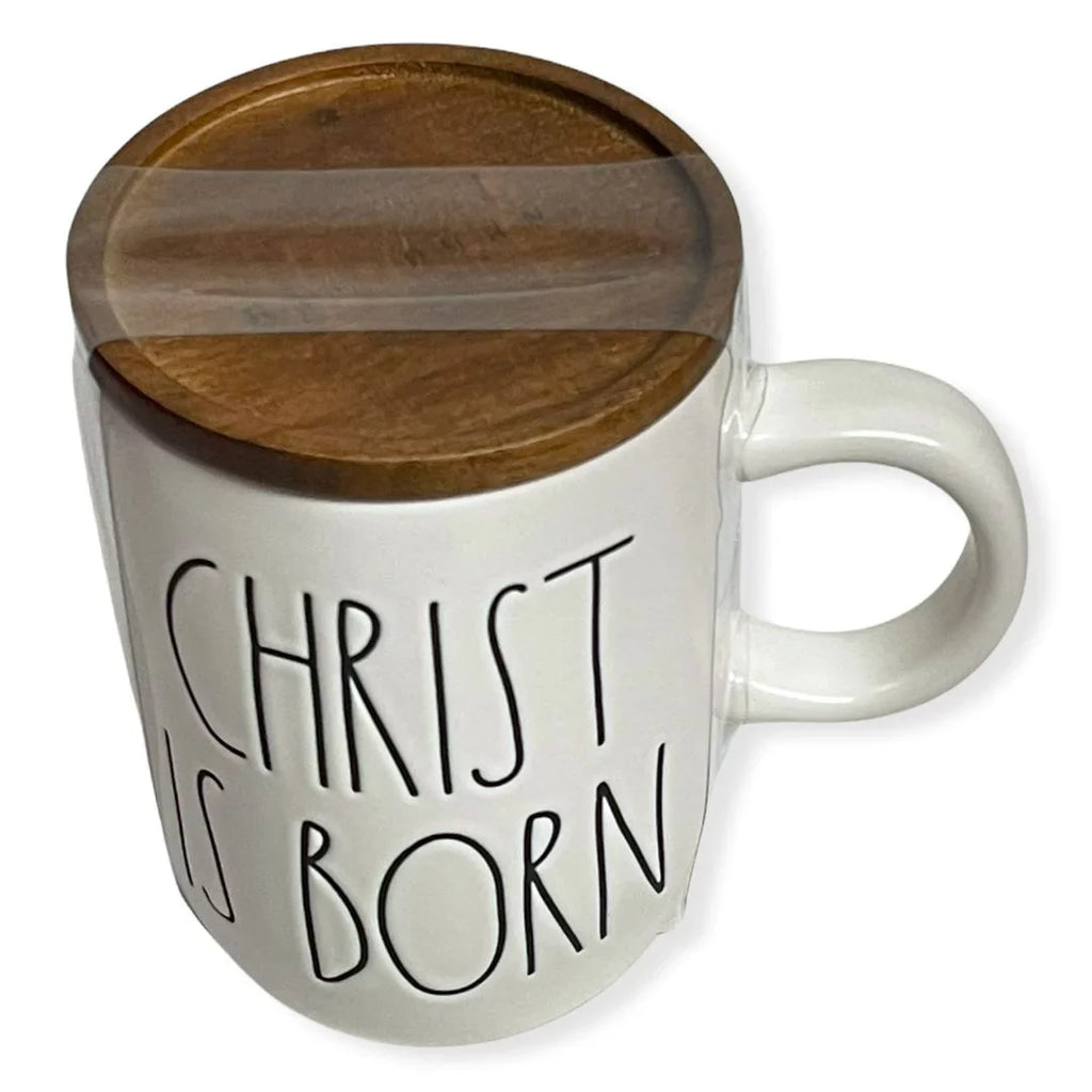 Rae Dunn CHRISizeT ISize BORN Mug with Lid New Christmas Holiday Coffee Mug Wooden Lid