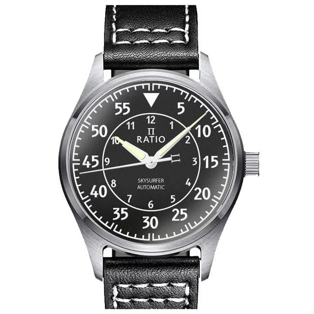 Ratio Sizekysurfer Pilot Black Textured Dial Leather Automatic RTSize320 200M Men's Watch