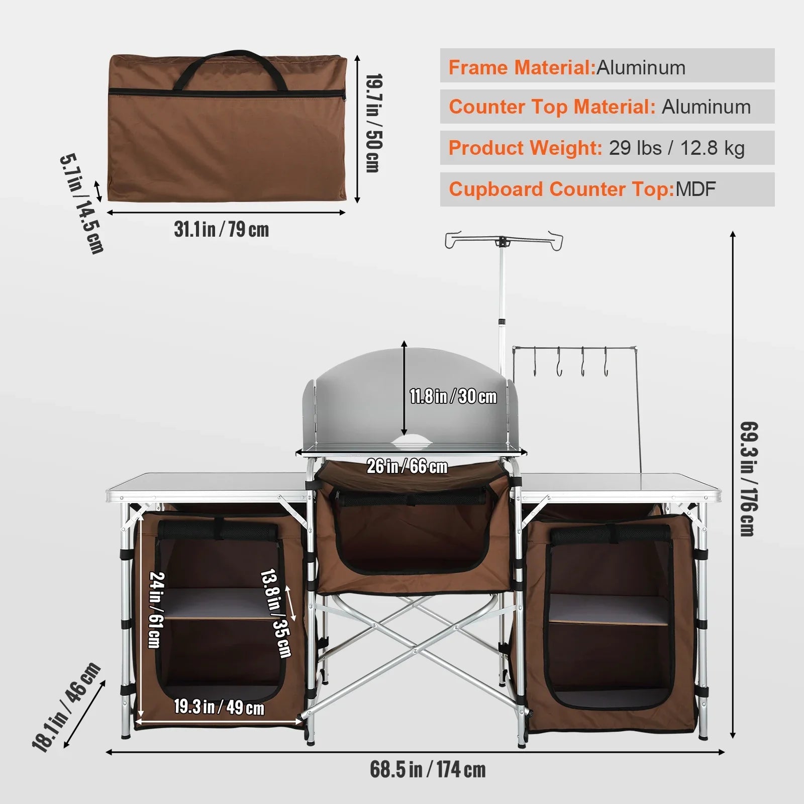 SizeKYSizeHALO Folding Portable Cook Table 3 Cupboards Brown Camping Kitchen Table