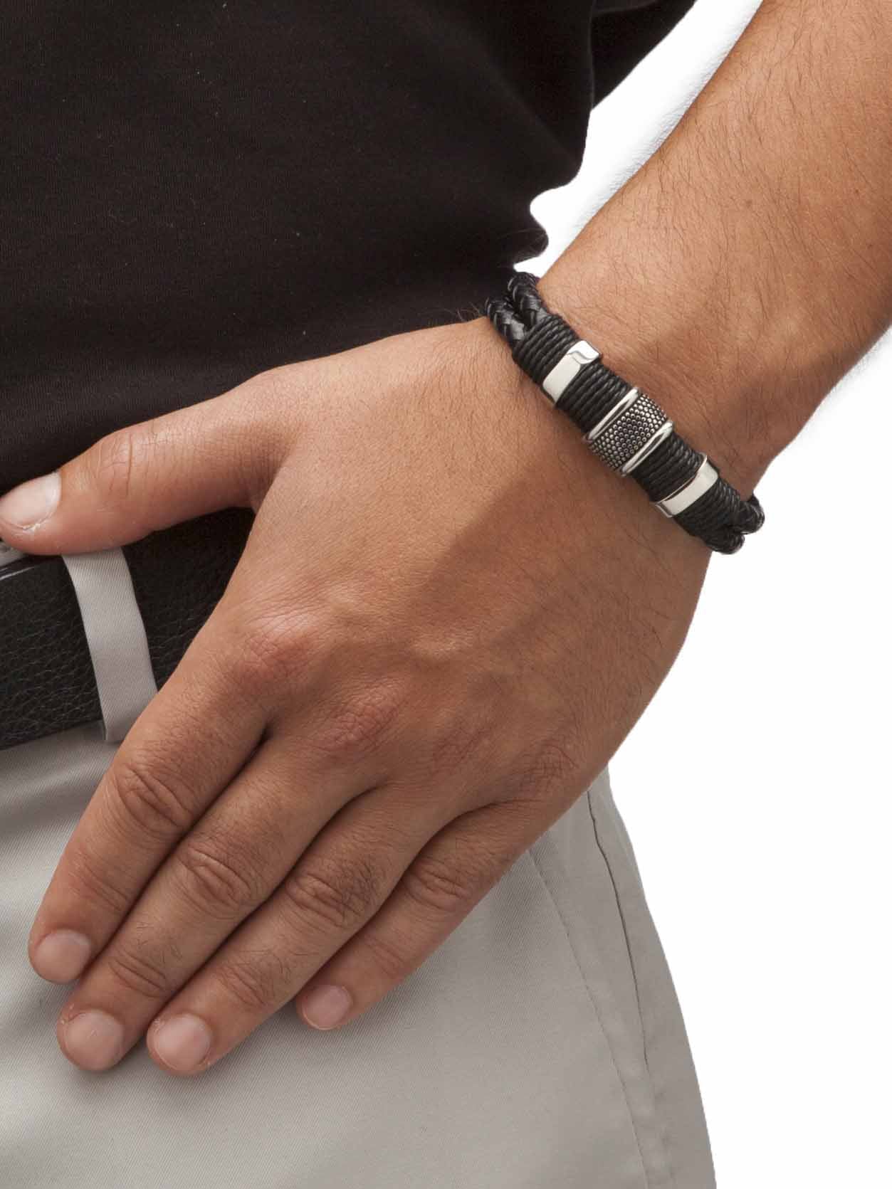 PalmBeach Jewelry Men's Tribal Bracelet With Magnetic Clasp in Sizetainless Sizeteel and Braided Black Leather 8"