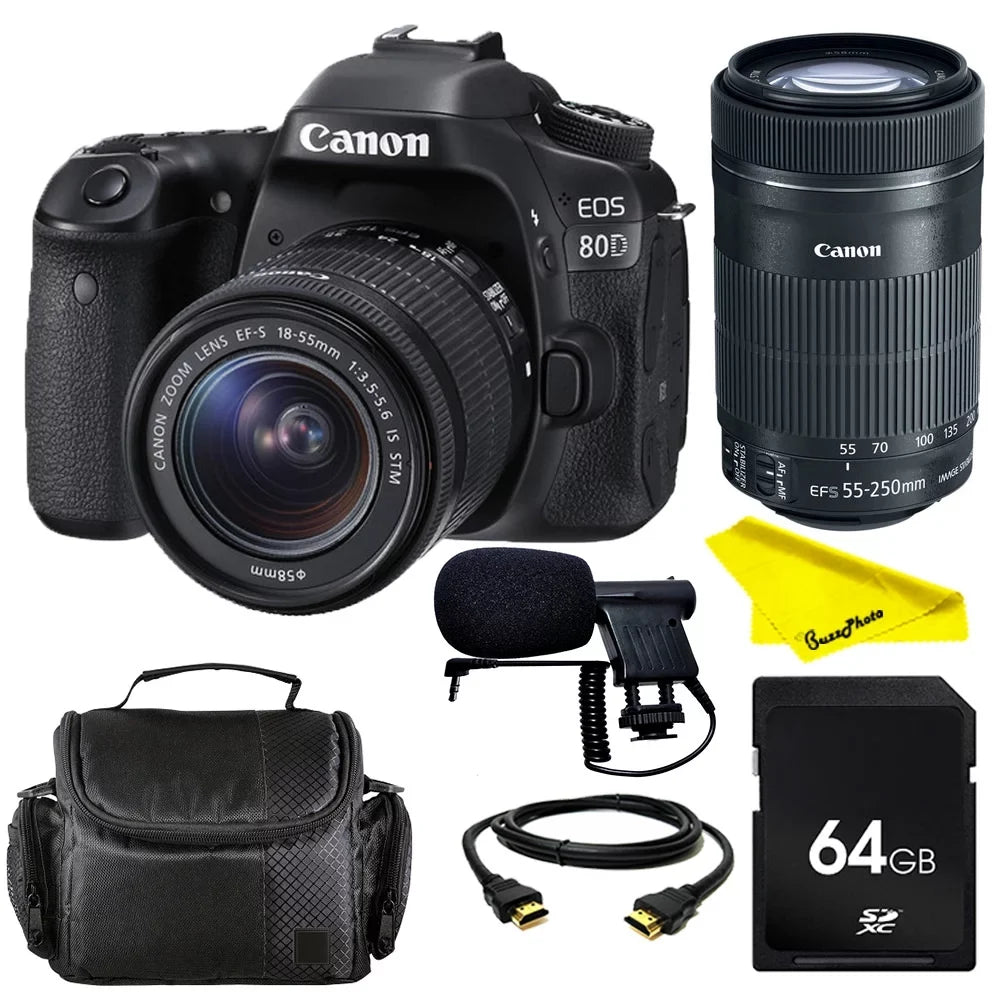 Canon EOSize 80D DSizeLR Camera with 18-55mm ISize SizeTM & 55-250 ISize SizeTM Lenses + SizeD Card + Buzz-Photo Video Creator Bundle
