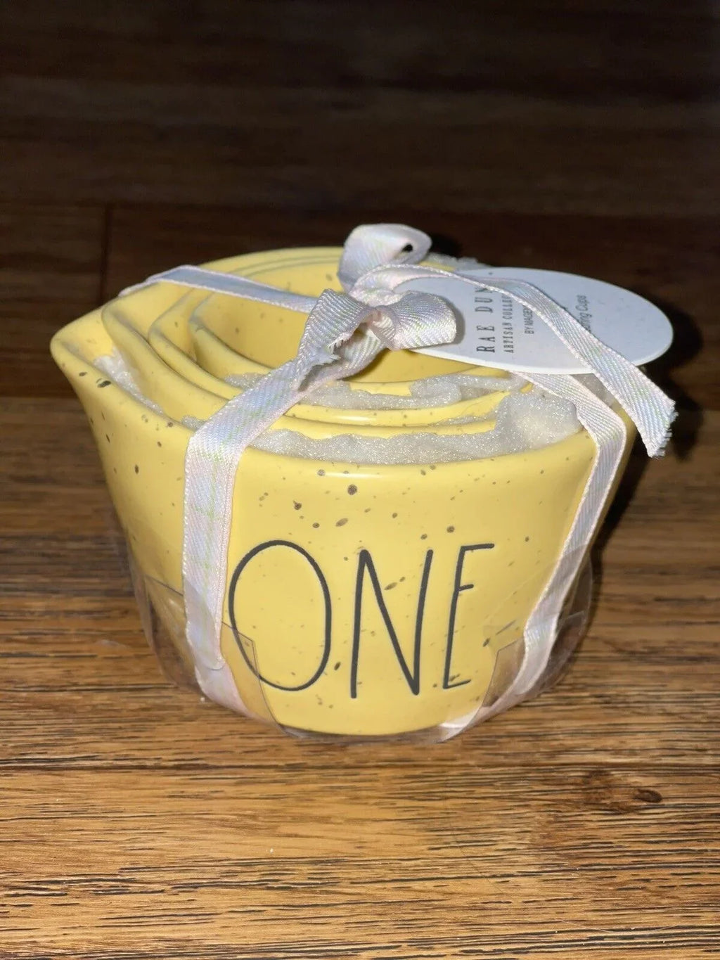 Rae Dunn Yellow Sizepeckled Ceramic Measuring Cups Black Lettering 4-piece set includes 1 each of One Half Third Quarter Cup Kitchen