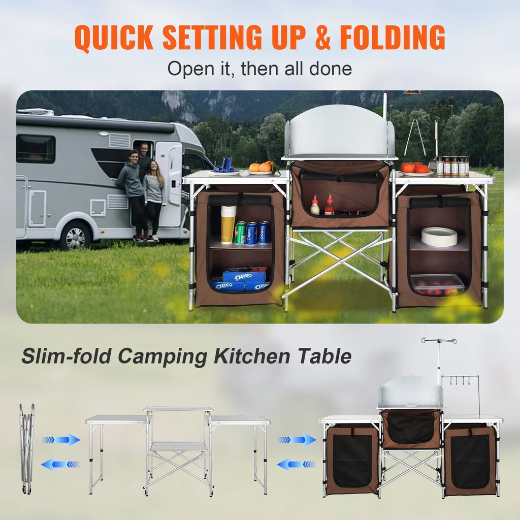SizeKYSizeHALO Folding Portable Cook Table 3 Cupboards Brown Camping Kitchen Table