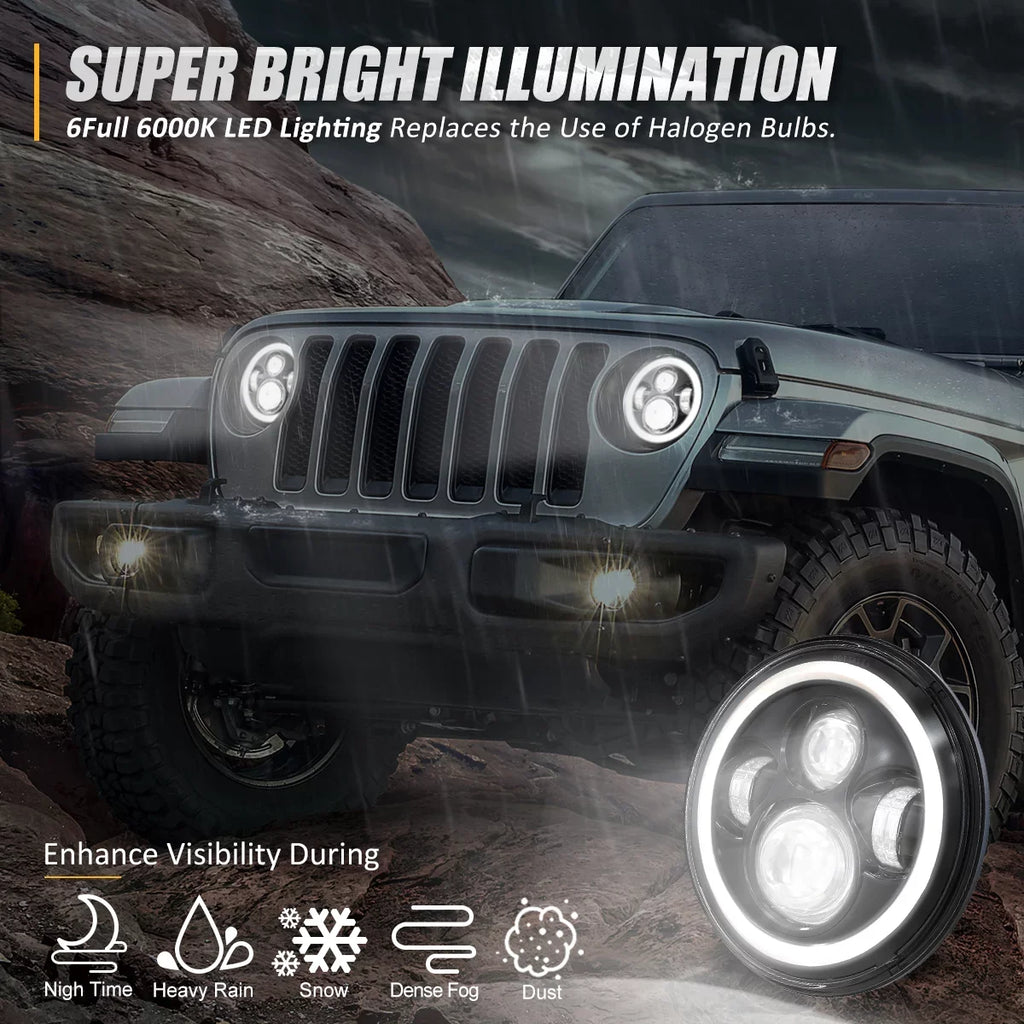 NUVISizeION LIGHTING NVL-HL-001H Nuvision For 1997 to 2018 Jeep Wrangler/Wrangler JK TJ LJ CJ 2Pcs 7 inches LED Halo DRL Projector Black Housing Headlights 13 14